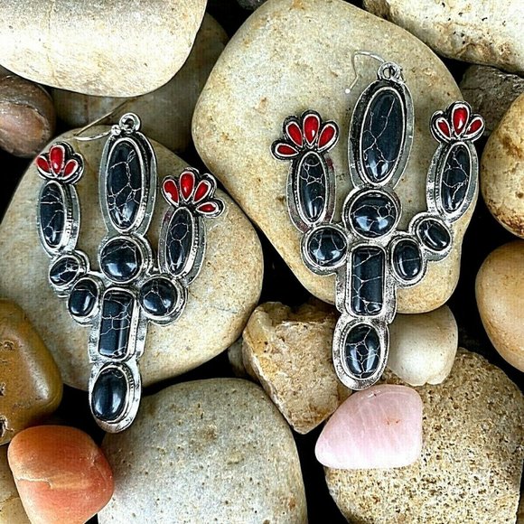 tanie Jewelry - Black Saguaro Cactus Black Turquoise Red Earrings